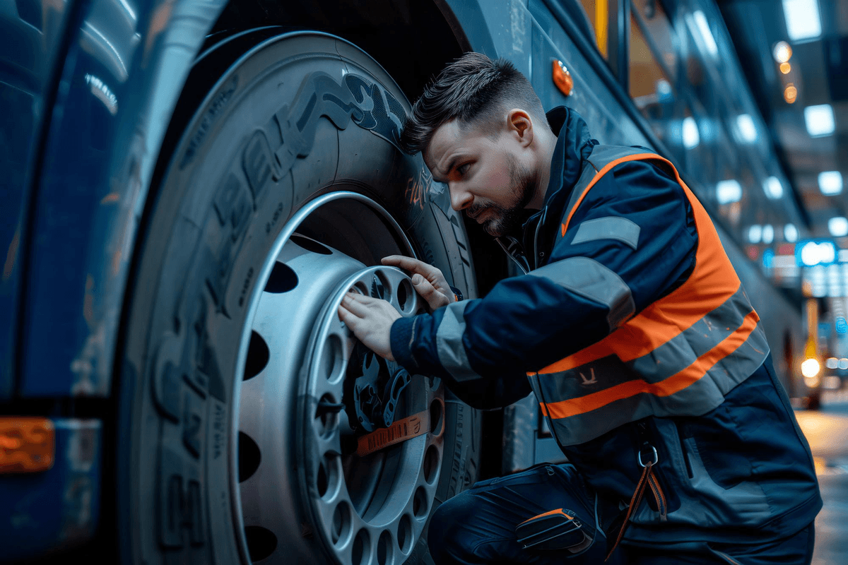 Mechanic servicing a truck tire